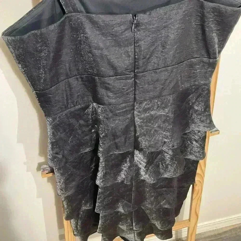 R&M Richards Tiered Embellished Dress Dark Gray Metallic Tank Dress back zip and - Picture 3 of 8